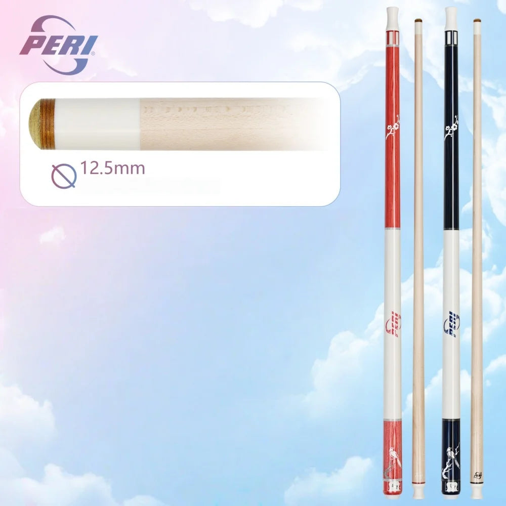 Pool cues with PERI branding and measurement details on a sky background