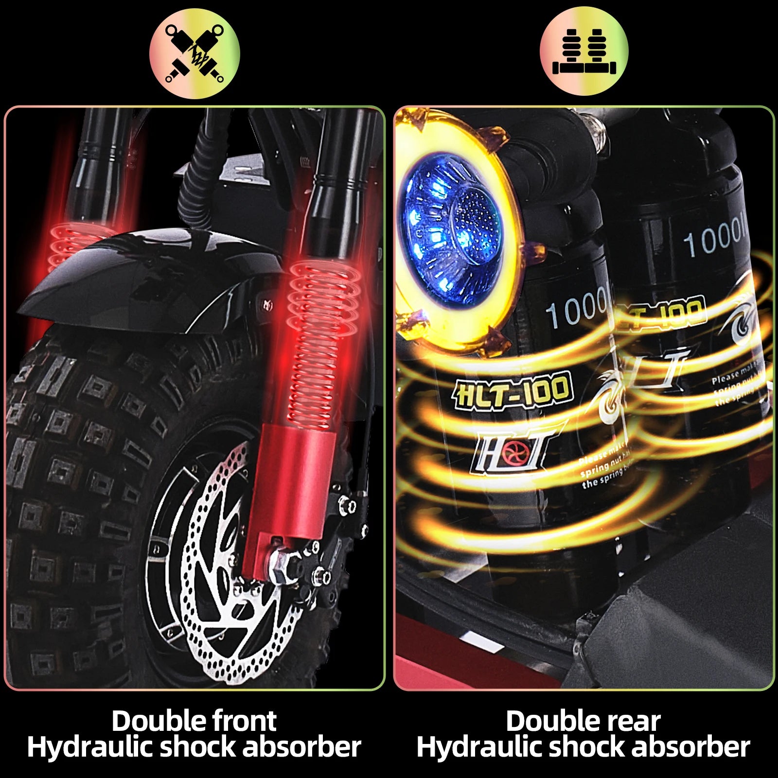 Motorcycle suspension components with text indicating 'Double front Hydraulic shock absorber' and 'Double rear Hydraulic shock absorber'.