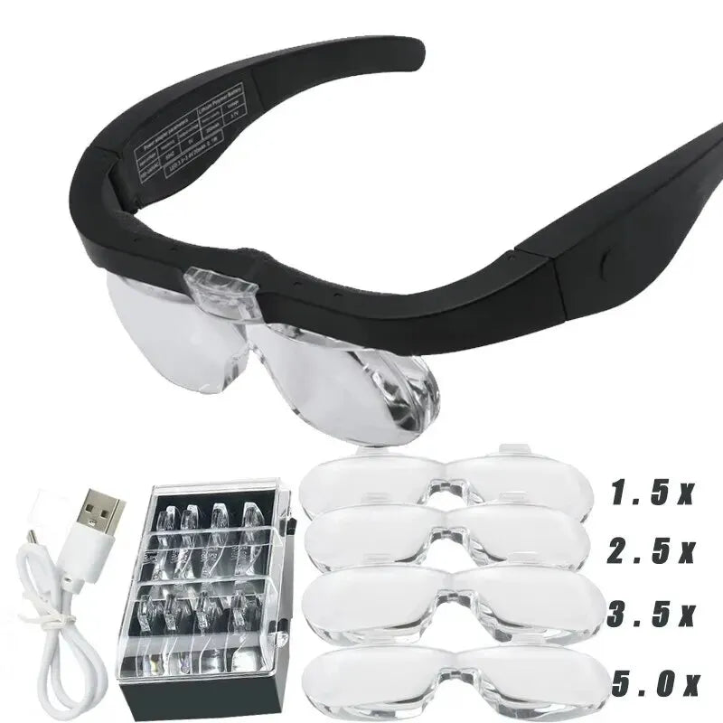 Head-Mounted Magnifying Glasses with LED Light USB Rechargeable