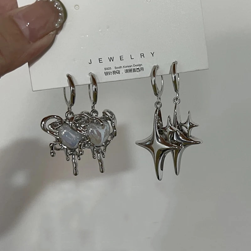 Silver Star & Opal Heart Hoop Earrings Women
