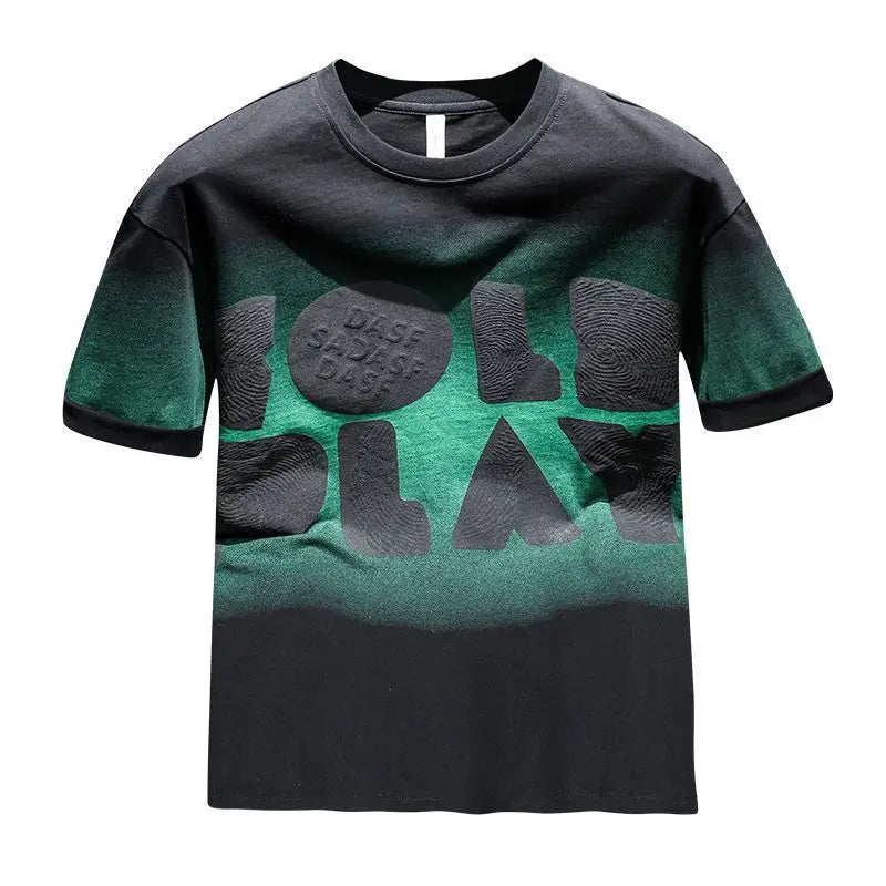 Green and black t-shirt with graphic design on a white background