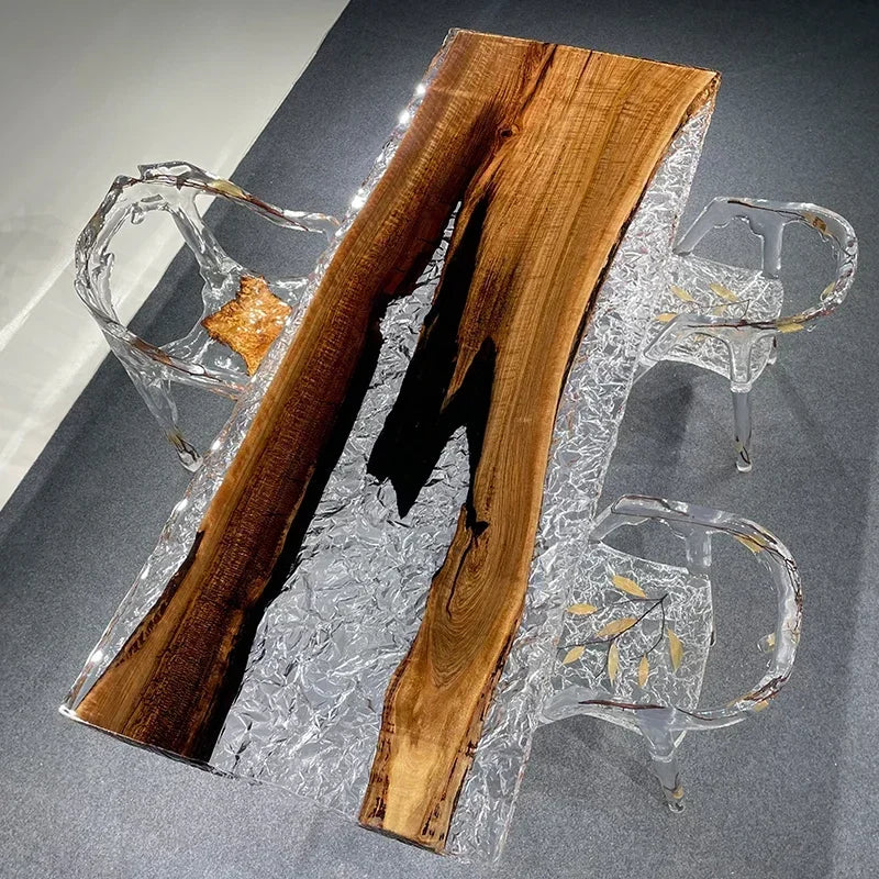 Wooden slab with clear resin on a dark surface