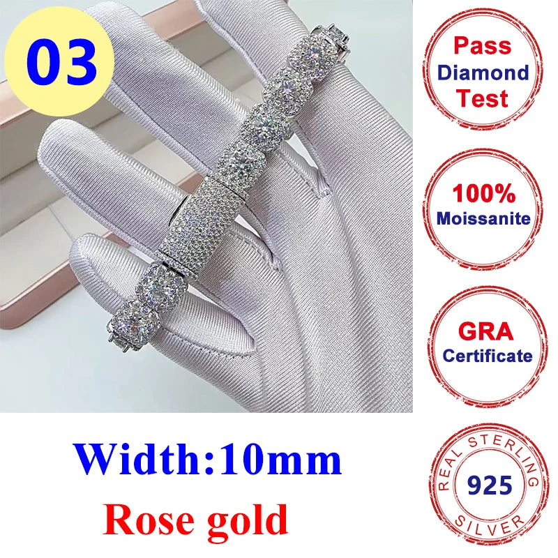 10mm Full Moissanite Diamond Cuban Chain Bracelet Hip Hop Jewelry S925 Silver Bracelets Pass Tester with Gra for Men Women - Teglex