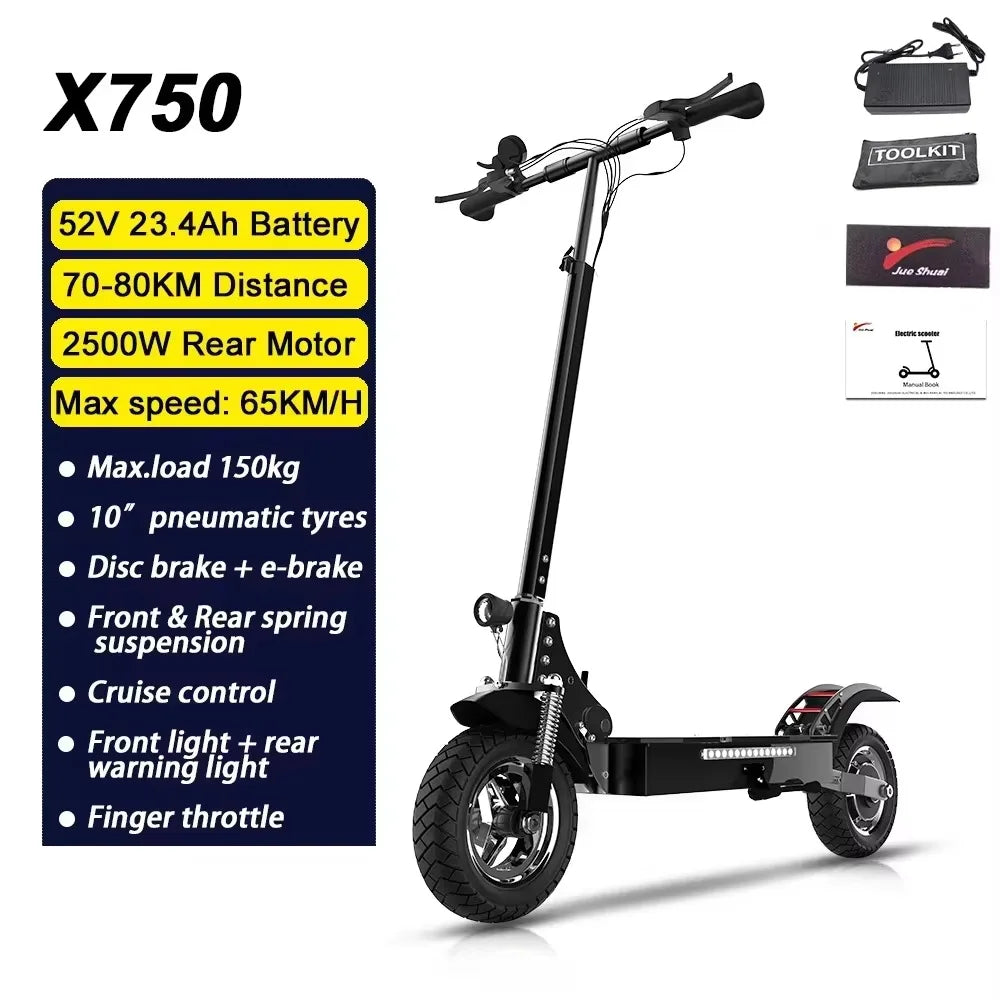 Black electric scooter with specifications on a white background