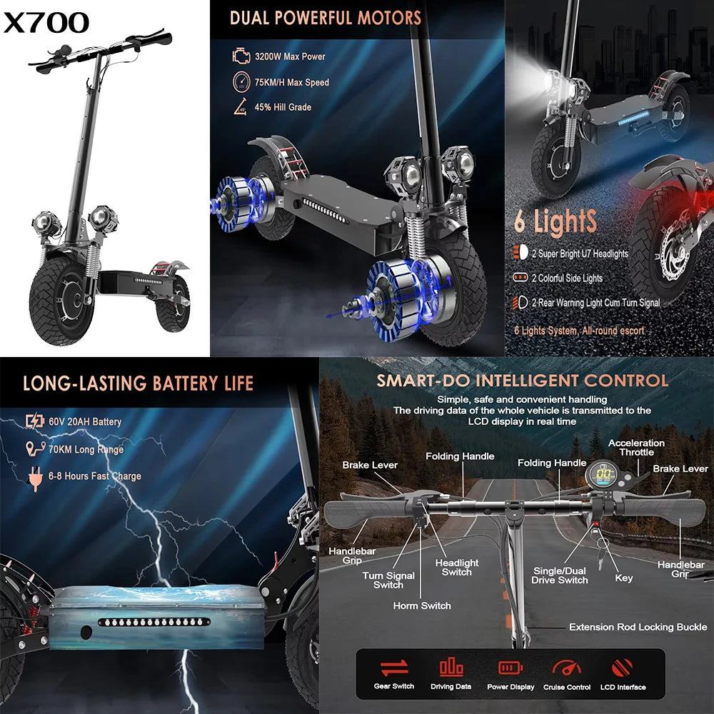 Electric scooter with features highlighted on a dark background