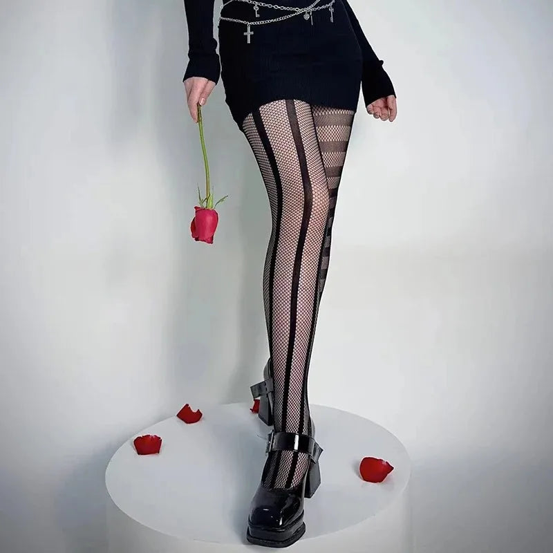 Stripe Asymmetric Gothic Fishnet Pantyhose Lace Tights