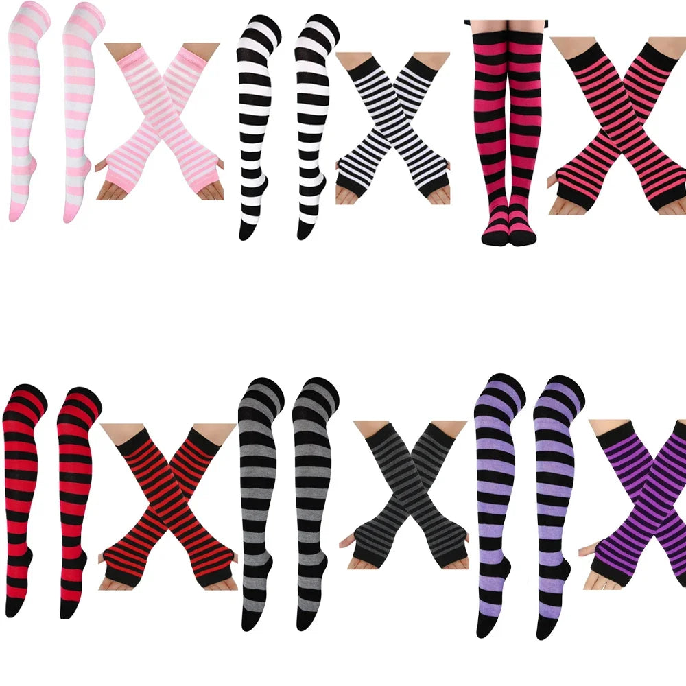 Collection of striped knee-high socks in various colors on a white background