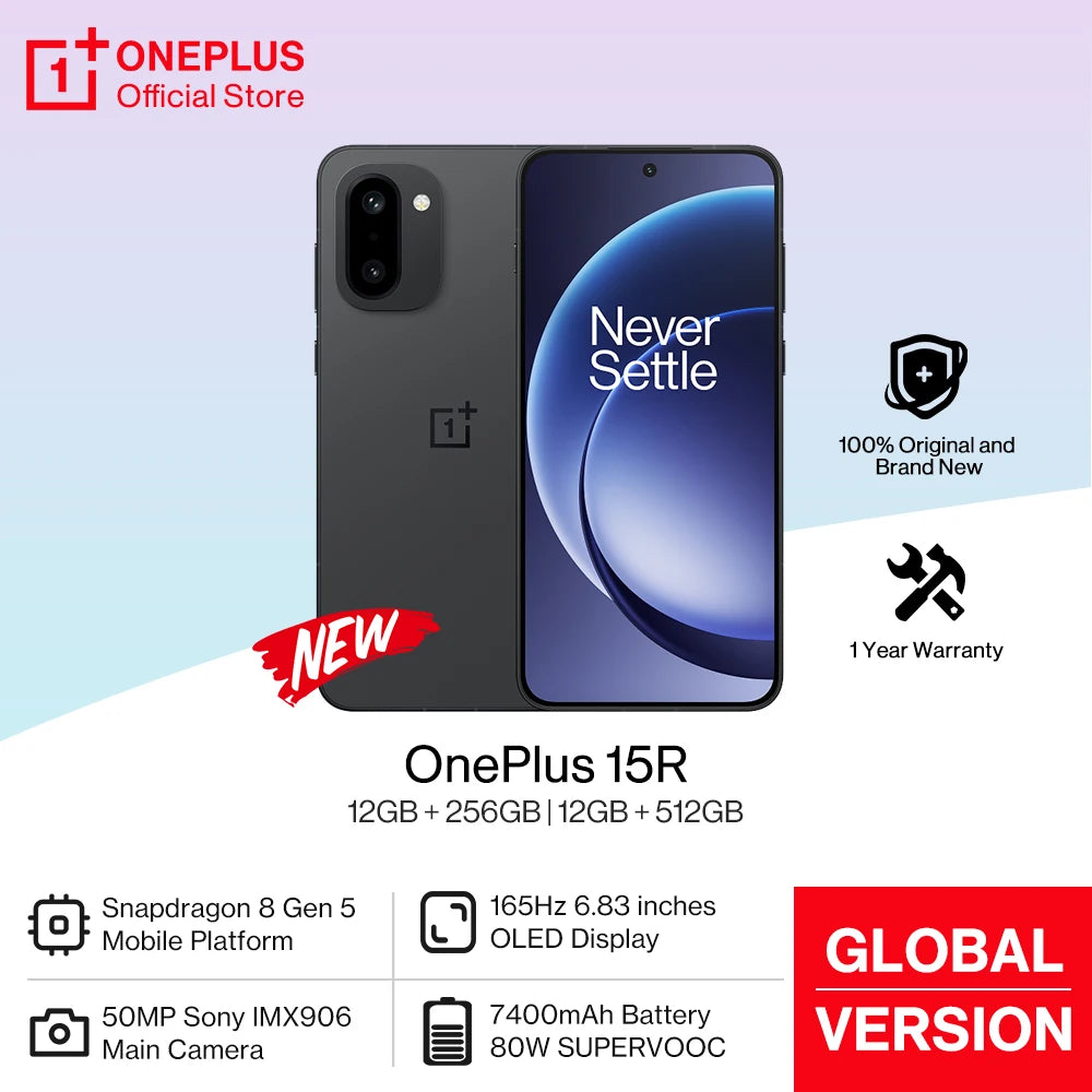OnePlus 15R smartphone with specifications on a light blue and white background
