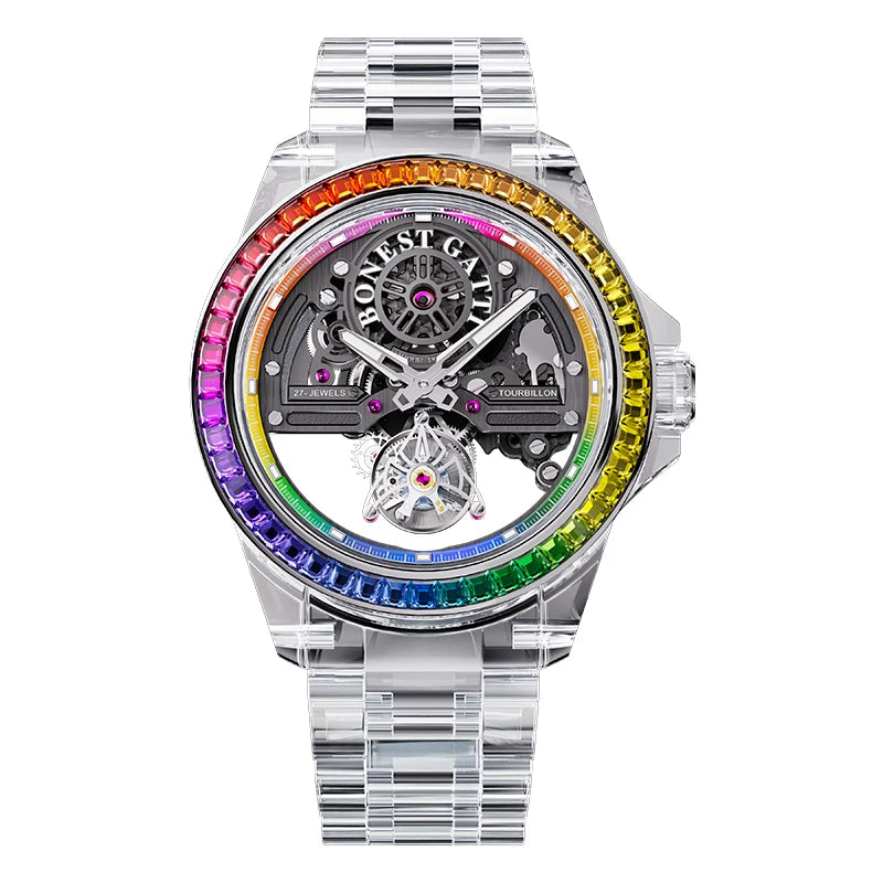 Luxury watch with a rainbow-colored bezel on a white background