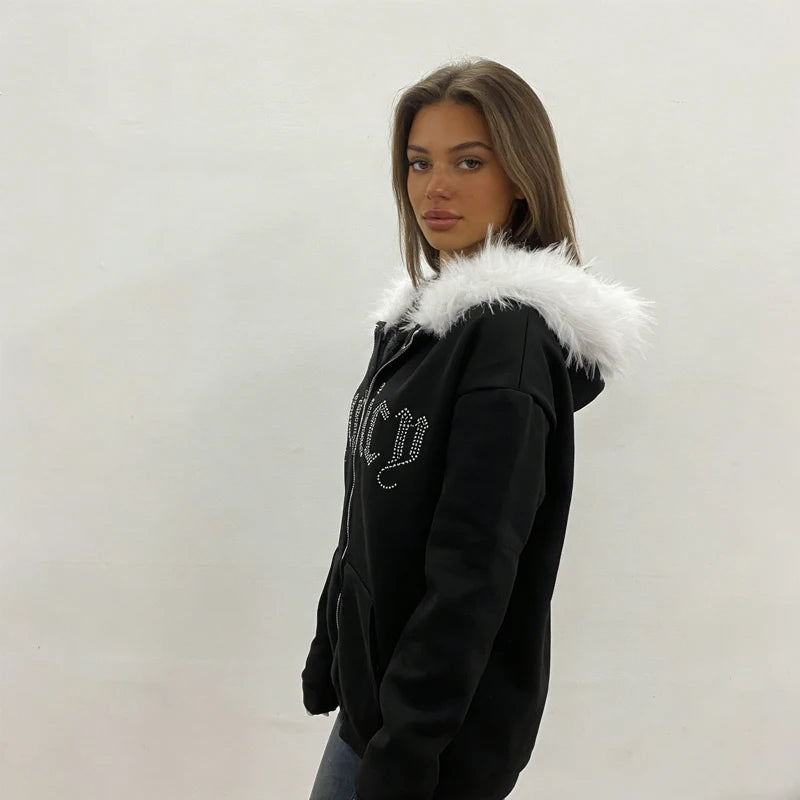 Retro Letter Print Fur Collar Zip Sweatshirt Jacket Unisex