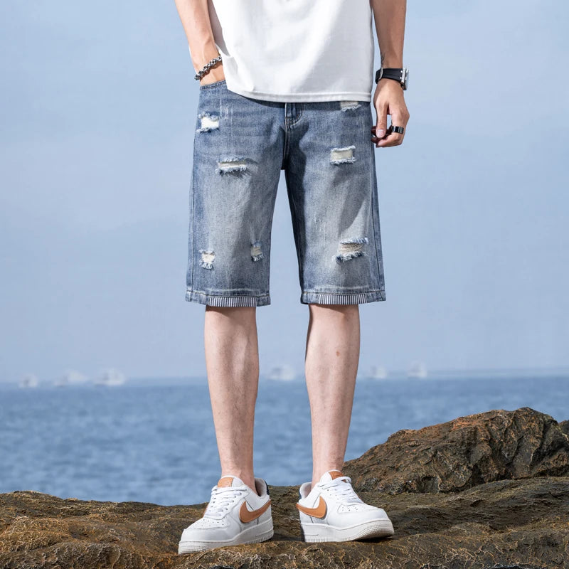 Men's Ripped Denim Shorts  Retro Biker Shorts Casual