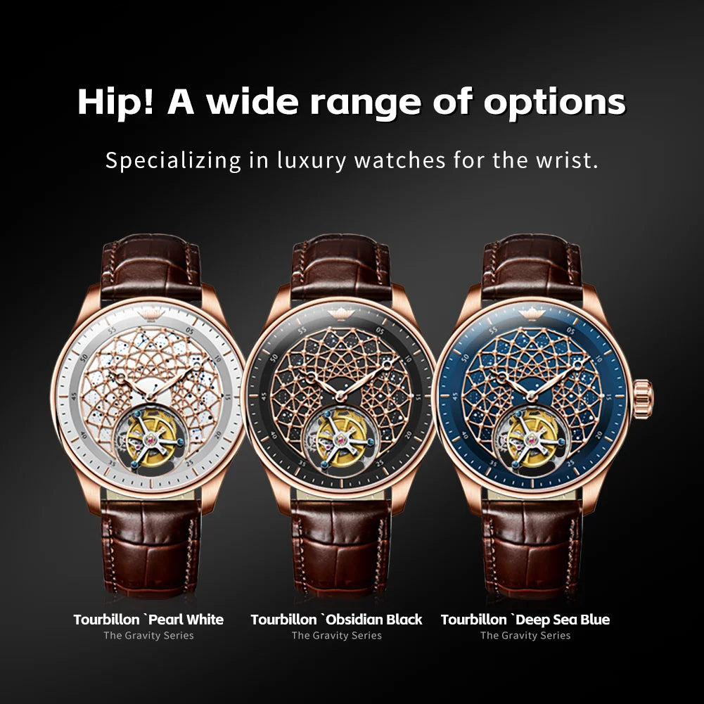Three luxury watches with different color options on a black background