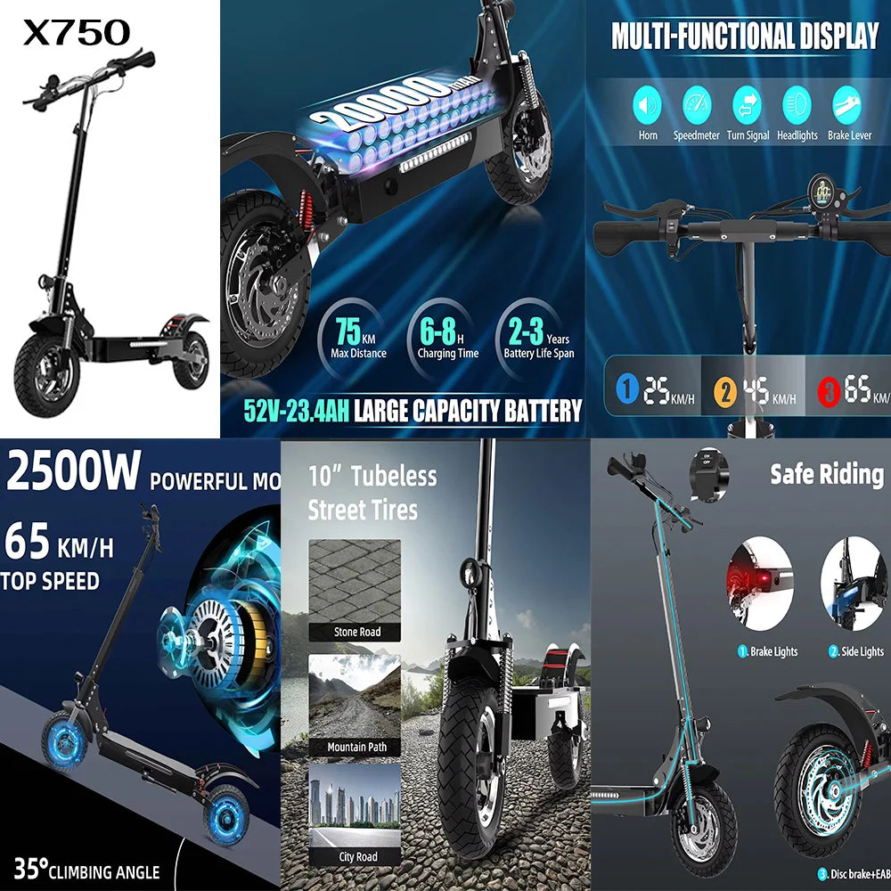 Electric scooter with features highlighted on a blue background