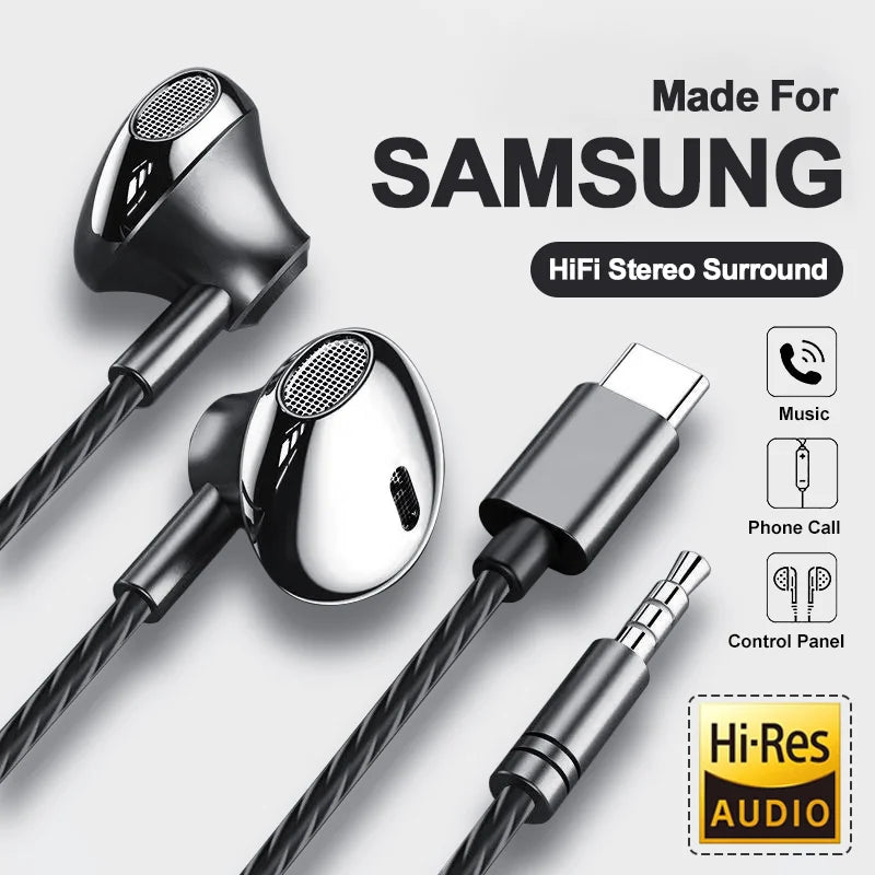 USB-C HiFi Earbuds Bass Stereo Mic Galaxy iPhone 15