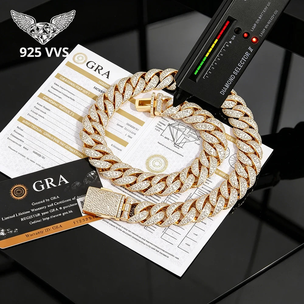 Thick 22mm Inlaid With 5 Rows Rivieras in VVS1 Moissanite Cuban Link Necklace Iced Out 925 Sterling Silver Fine Men's Necklace