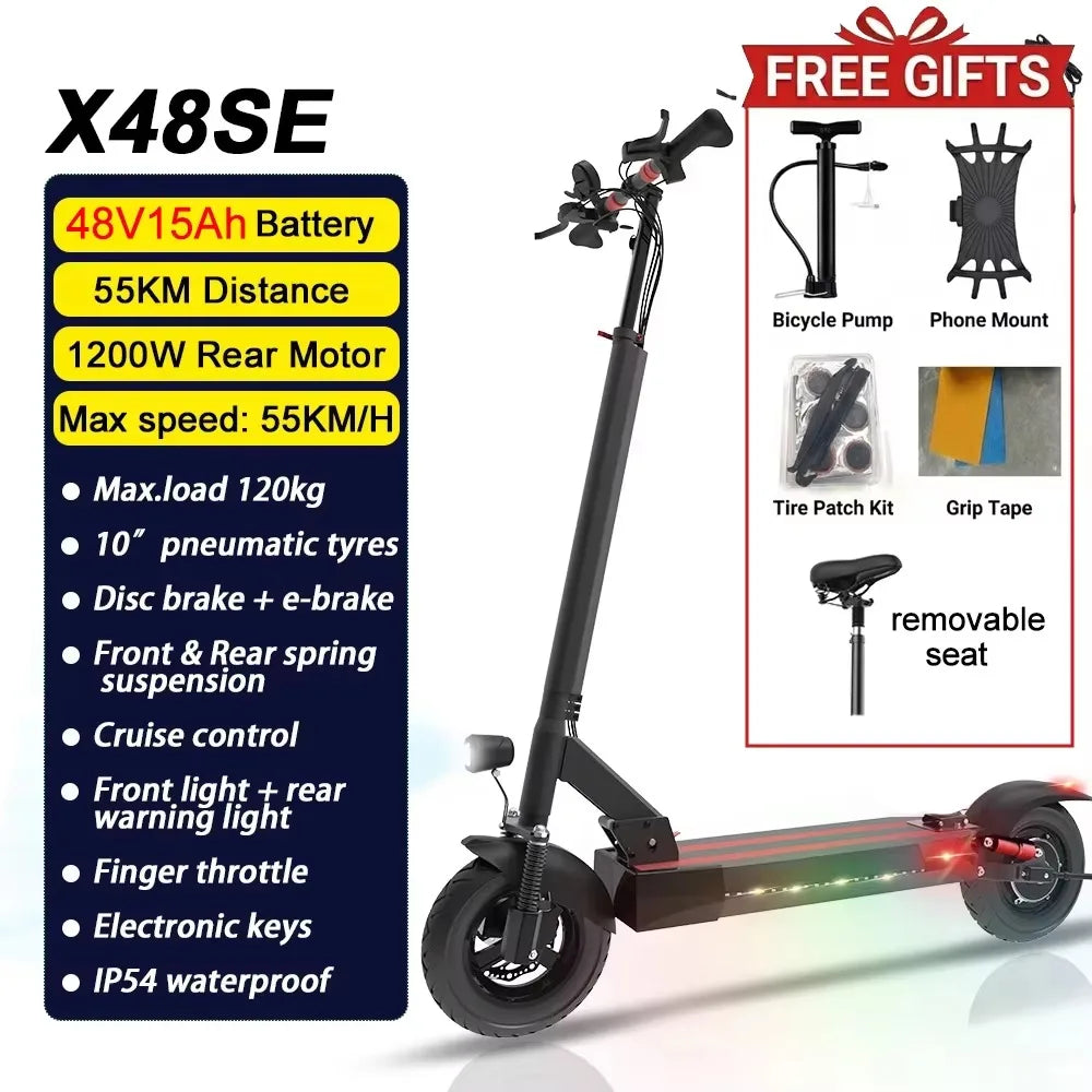 Electric scooter X48SE with specifications and free gifts on a white background