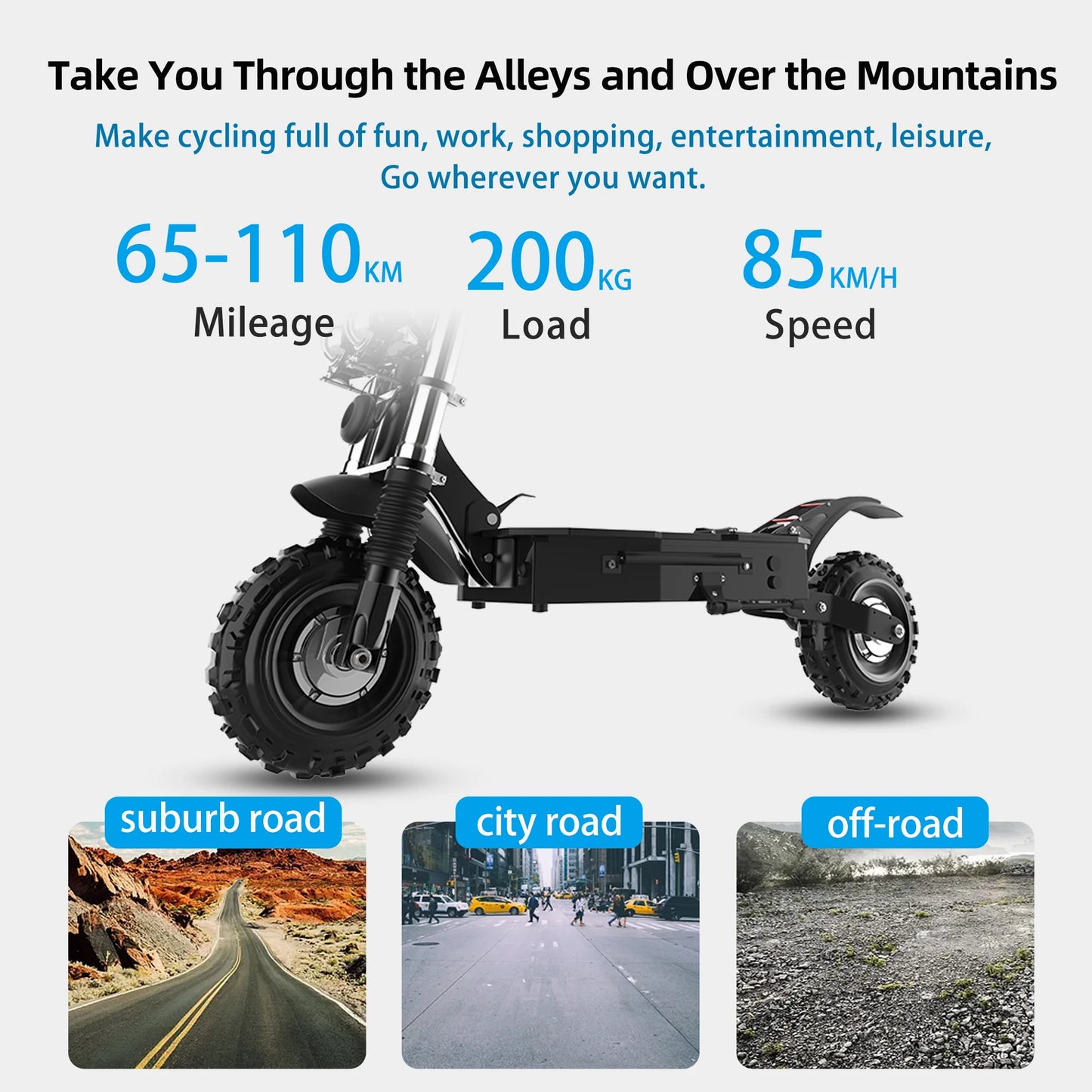 E-bike with specifications and usage scenarios on a white background