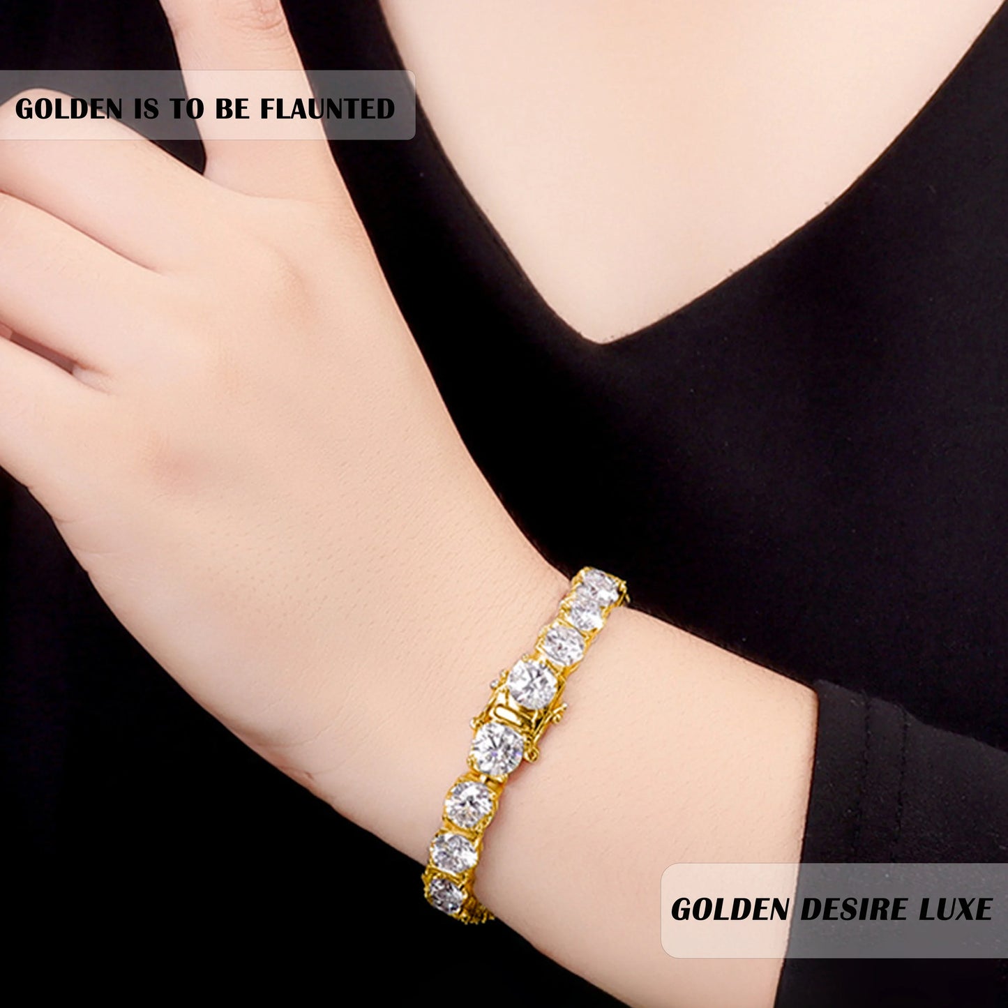 Gold bracelet with clear stones on a wrist, against a black background, featuring 'Golden Desire Luxe' branding.