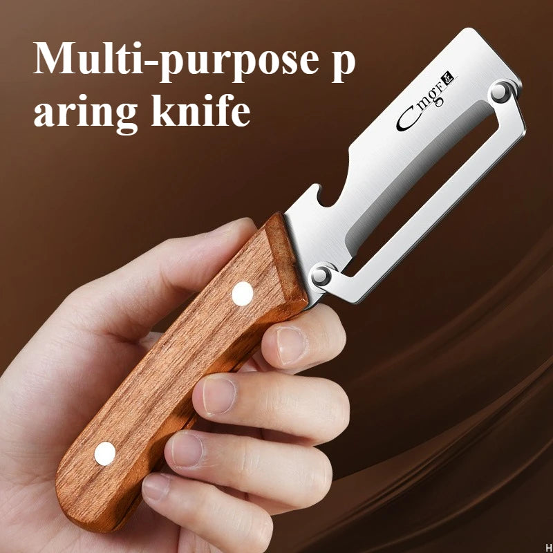 Hand holding a multi-purpose paring knife with wooden handle and metal blade on a brown background.