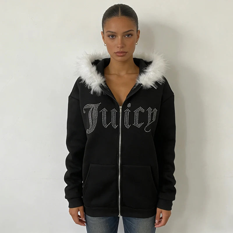 Retro Letter Print Fur Collar Zip Sweatshirt Jacket Unisex