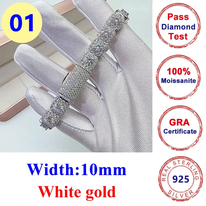 10mm Full Moissanite Diamond Cuban Chain Bracelet Hip Hop Jewelry S925 Silver Bracelets Pass Tester with Gra for Men Women - Teglex
