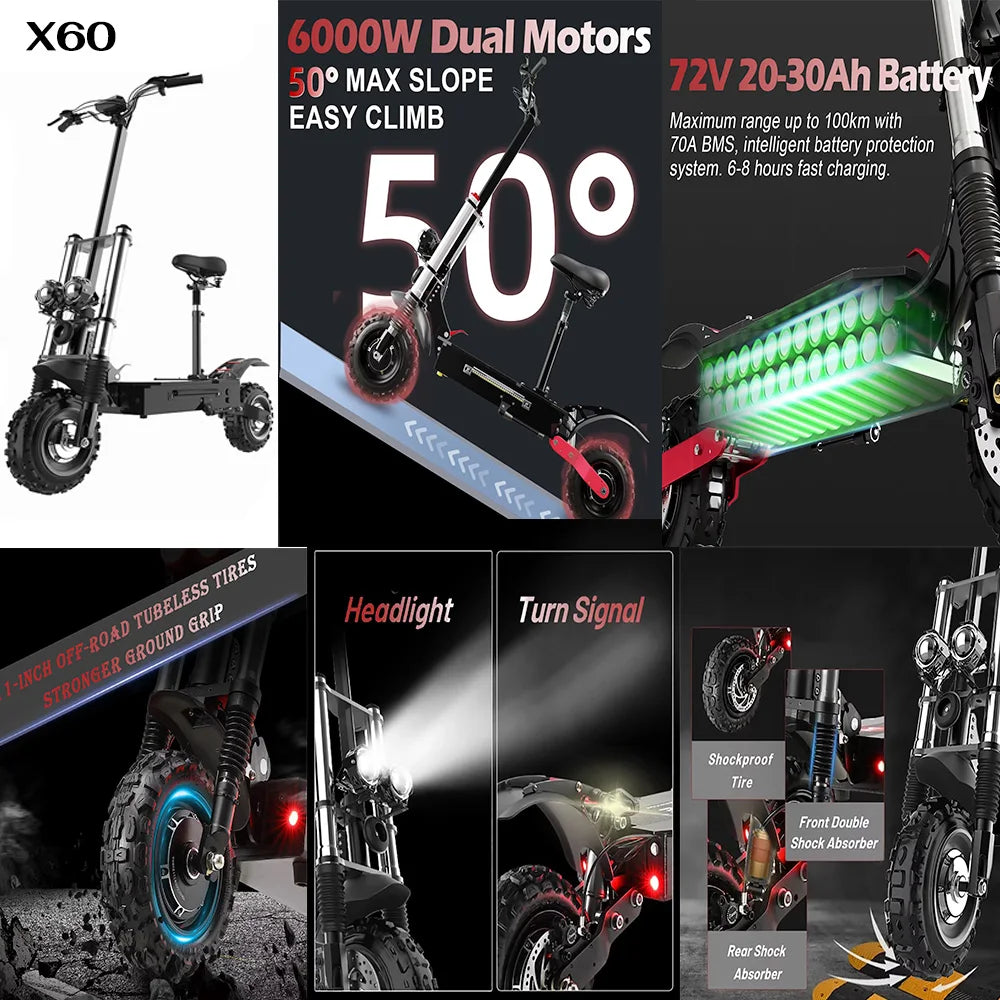 Promotional collage of an electric scooter with features highlighted.