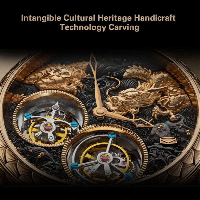Doppel-Tourbillon, mechanische Armbanduhr mit Handaufzug, 18K Roségold
