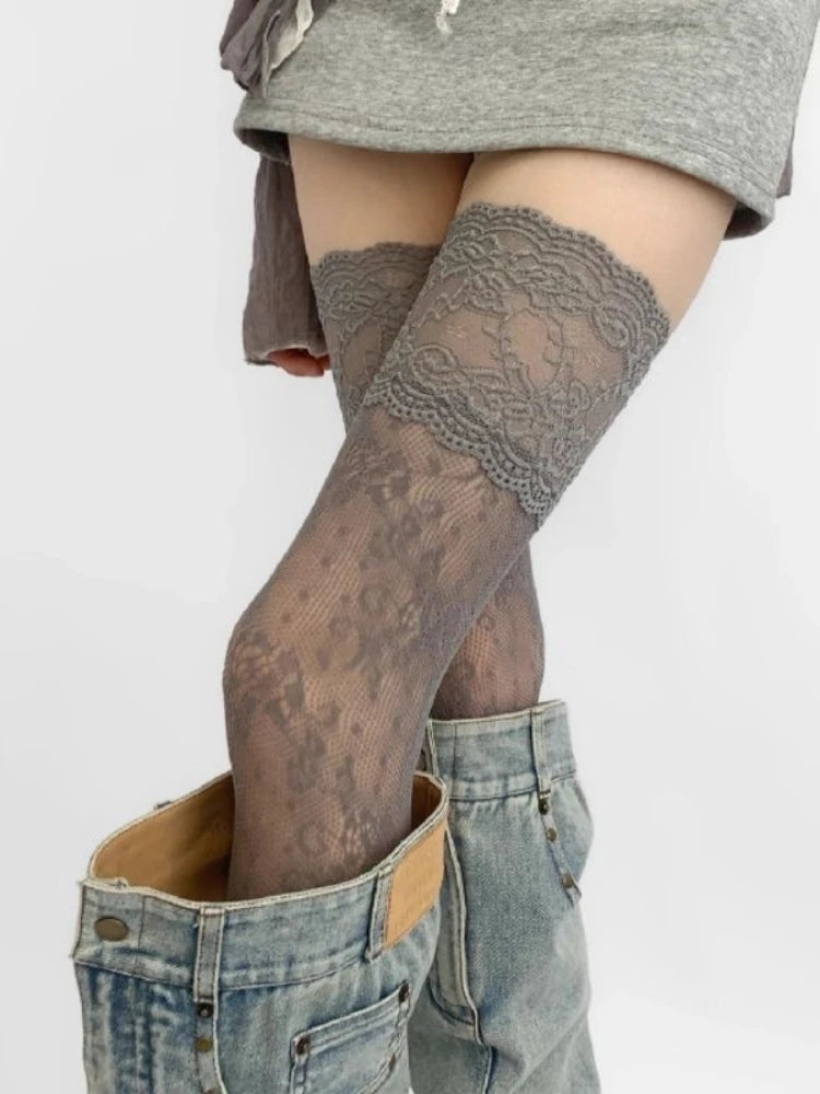 Women's Lace Trim Fishnet Thigh High Socks Over Knee