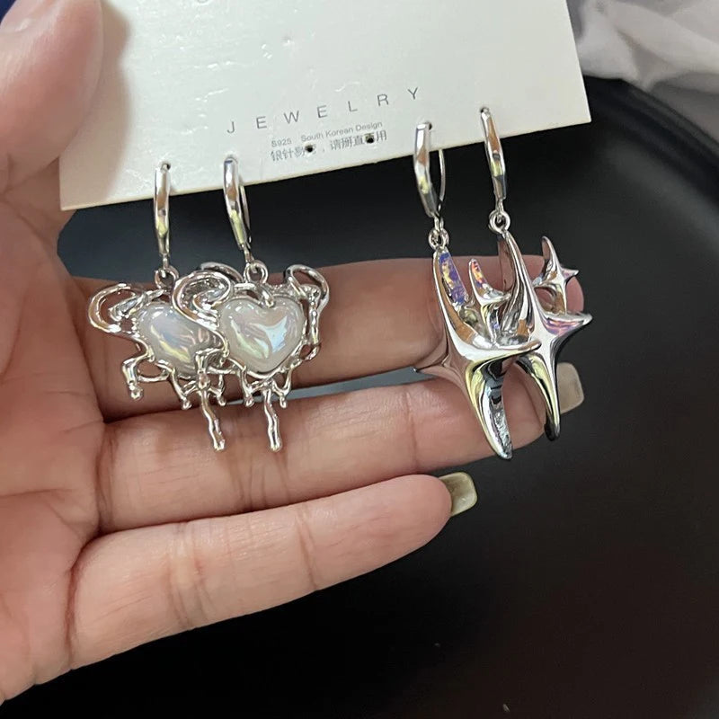 Silver Star & Opal Heart Hoop Earrings Women
