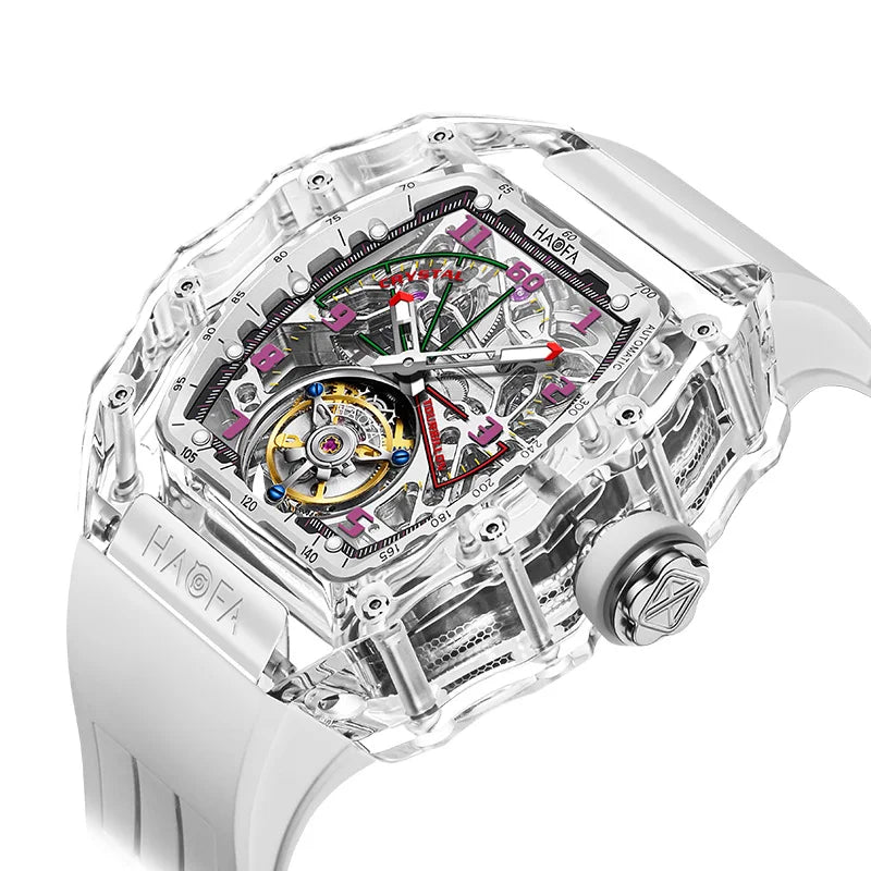 A Haofa skeleton watch with a transparent case, revealing a detailed mechanical movement with gold, silver, red, and green accents, set against a solid white background.