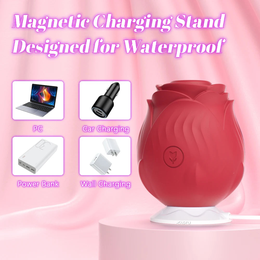 Red rose-shaped magnetic charging stand with charging options on a pink background