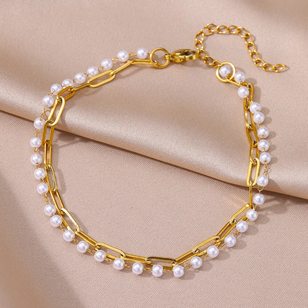 Gold Pearl Chain Anklet – Stainless Steel Beach Bodychain