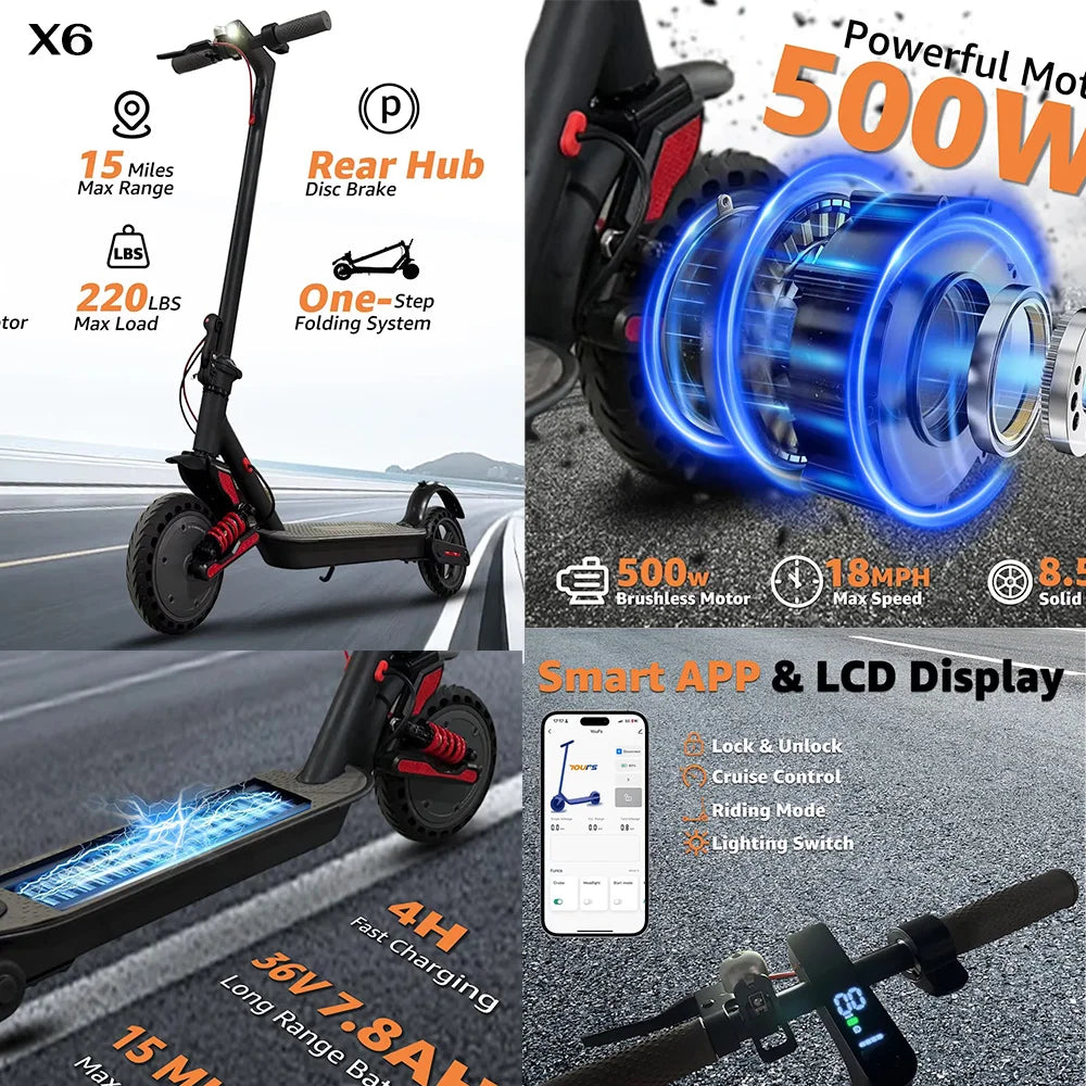 Electric scooter with features highlighted on a road background