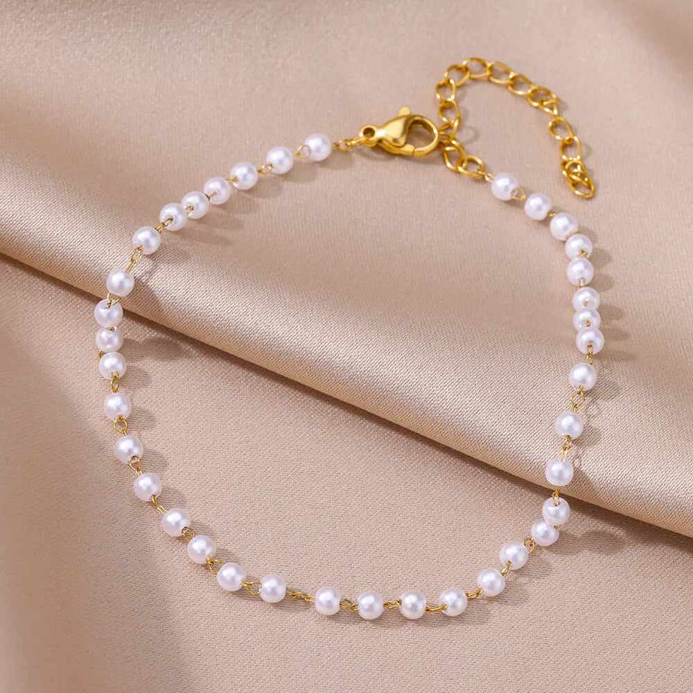 Gold Pearl Chain Anklet – Stainless Steel Beach Bodychain