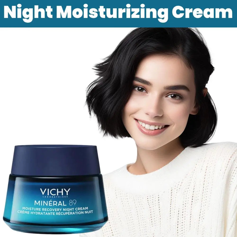 Vichy night moisturizing cream with a woman smiling on a white background