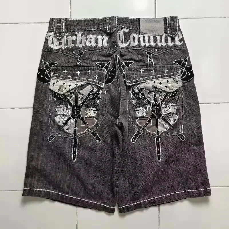 Gothic Embroidery Denim Shorts Mens Jean Shorts