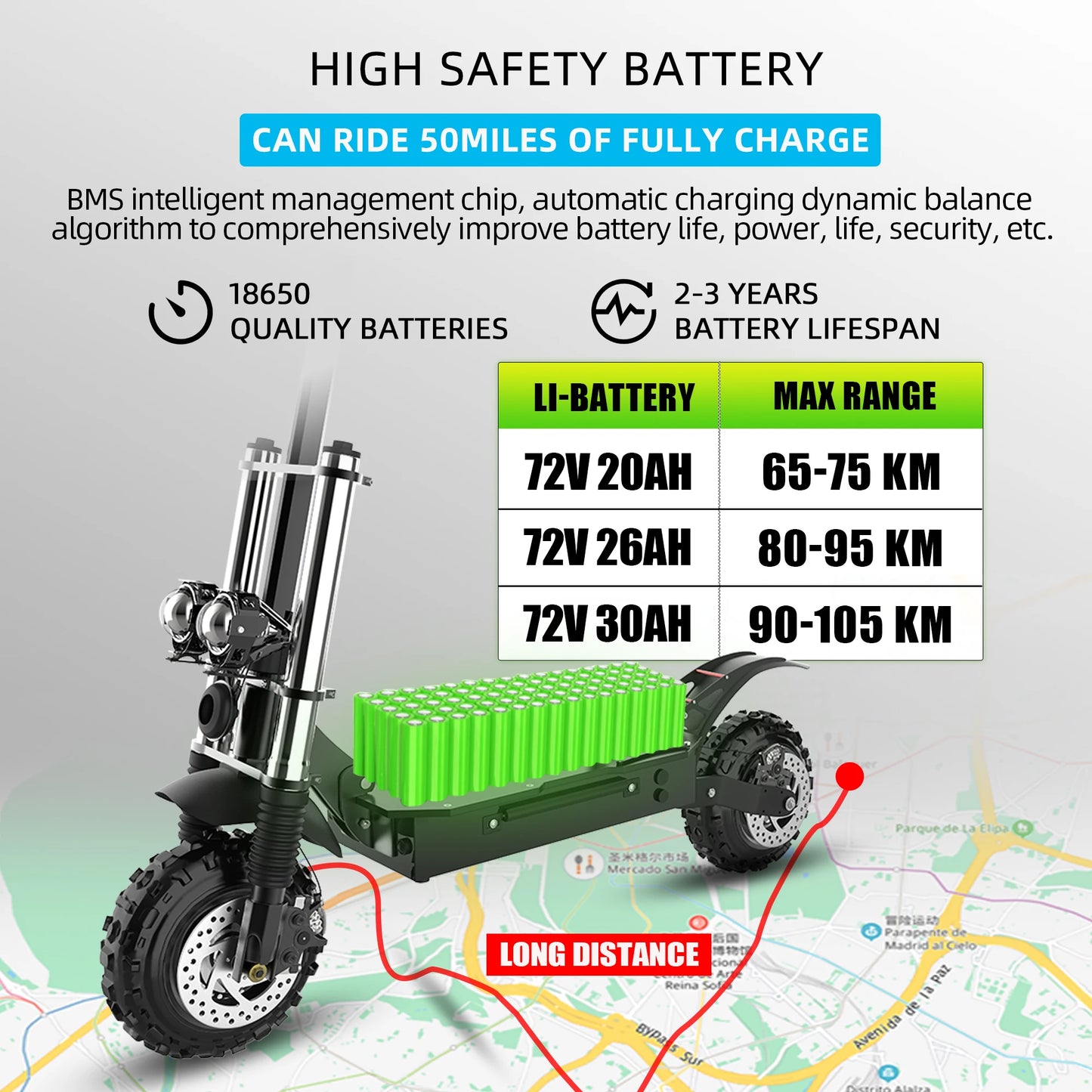 Electric scooter with battery pack and range information on a map background