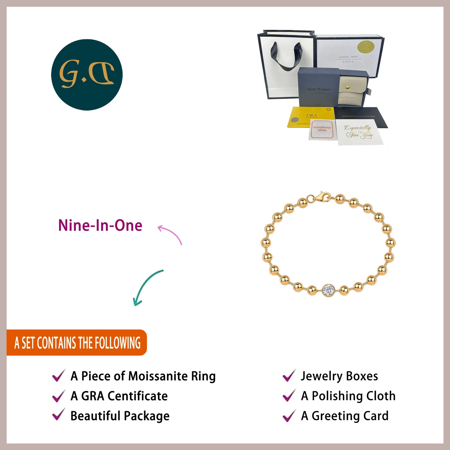 Moissanite Beaded Bracelet 18K Gold Plated S925