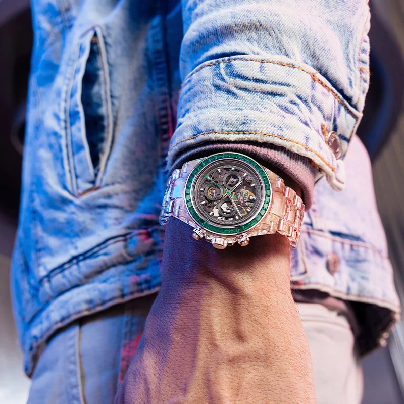 Automatic Mechanical Watch Transparen Crystal Rainbow Bezel Chronograph 30M Waterproof
