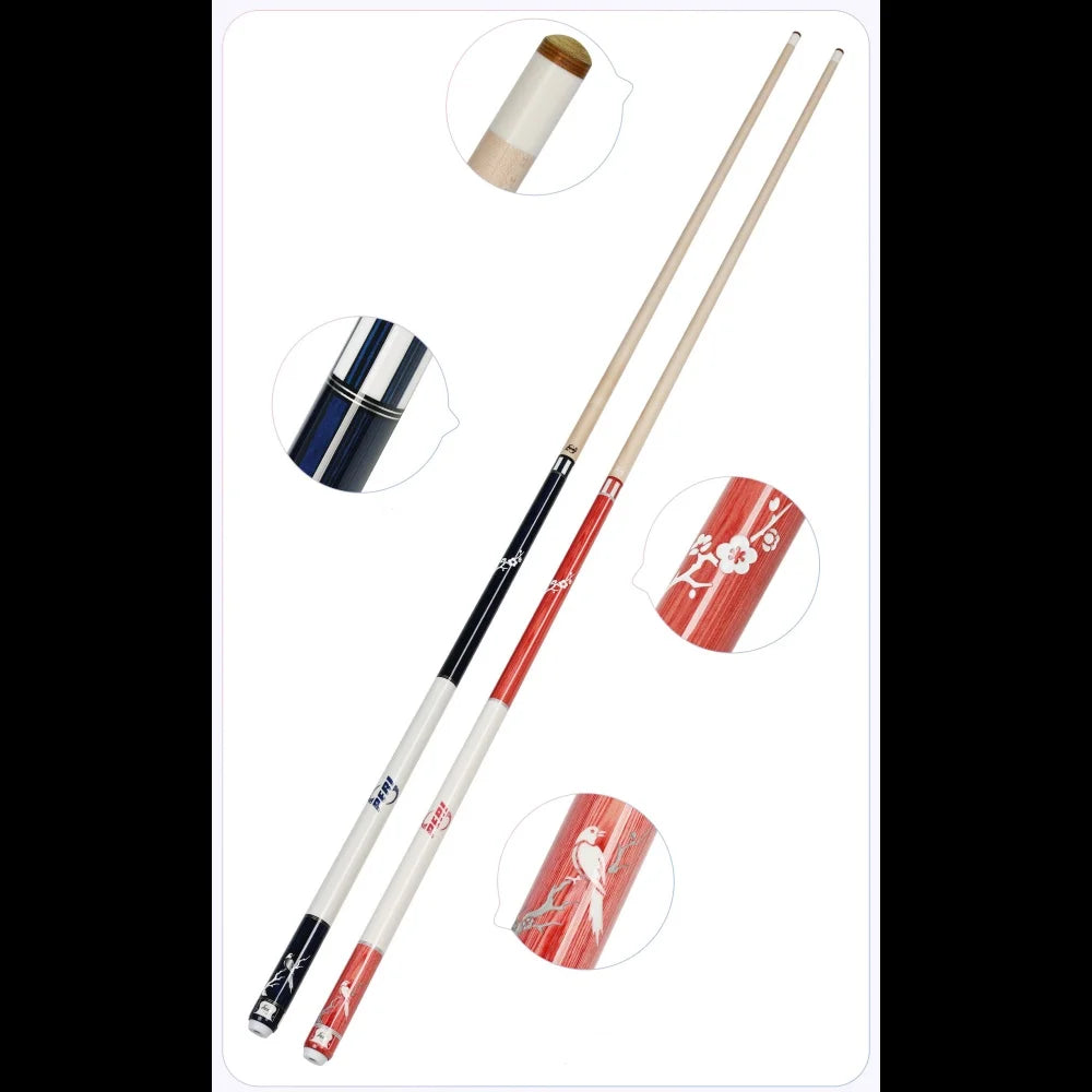 Two pool cues with close-up insets of their tips on a white background