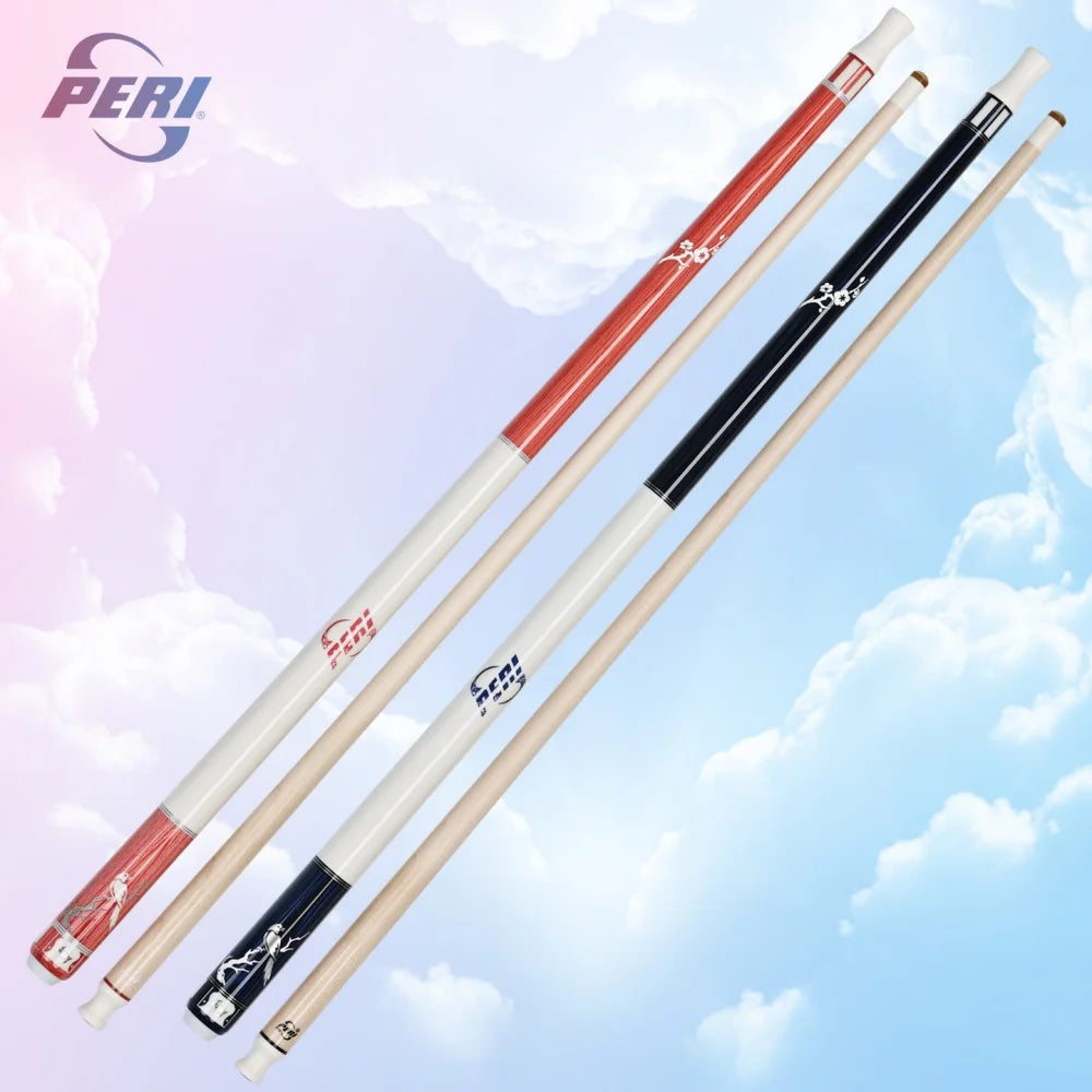 Three pool cues with different color and design accents on a sky background