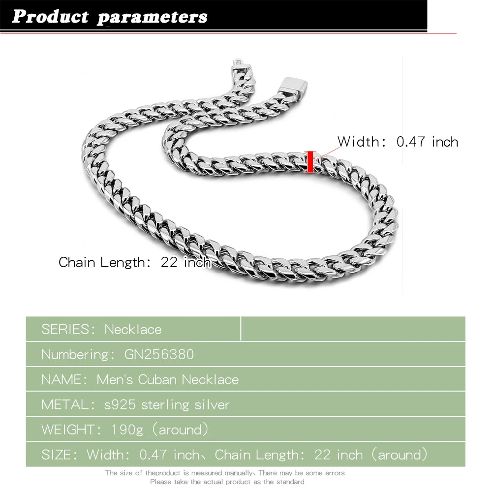 12mm Curb Cuban Chain Necklaces 925 Sterling Silver Link Chain Solid Silver