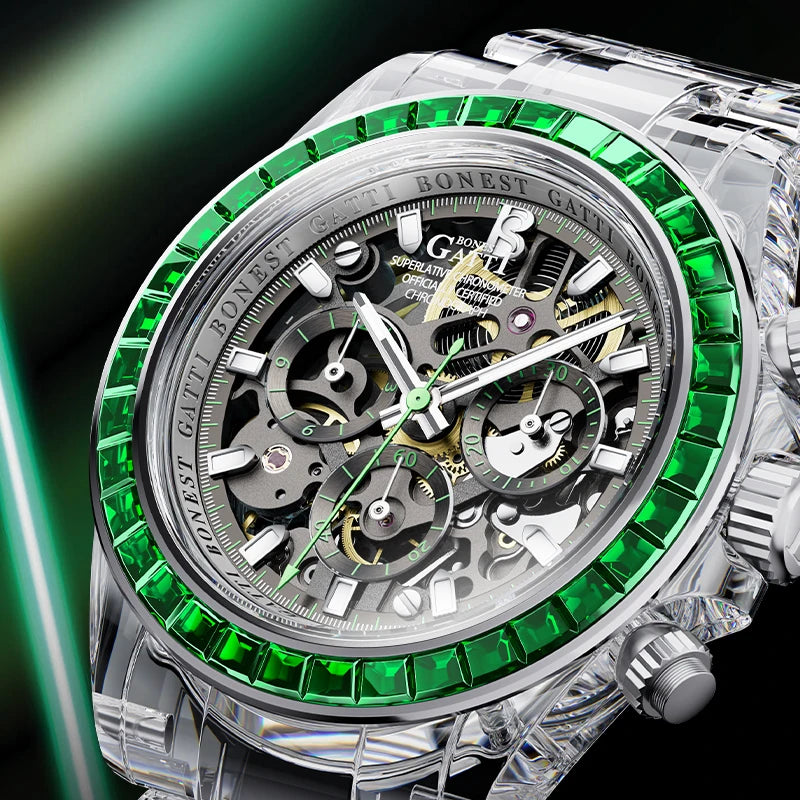 Automatic Mechanical Watch Transparen Crystal Rainbow Bezel Chronograph 30M Waterproof
