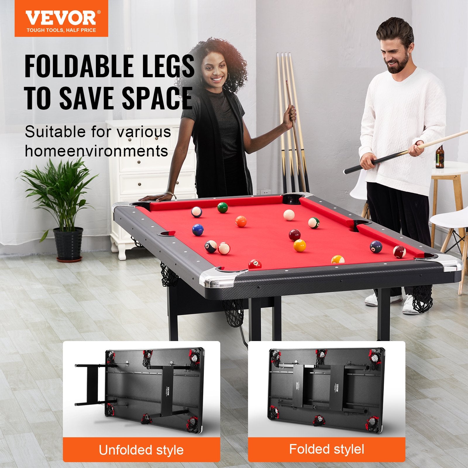 Billiards Table, 192 Cm Pool Table, Portable Foldable Space-Saving Table, Billiard Table Set Includes Balls, Cues, Chalks And Brush, Black With Red Cloth, Perfect For Family Game Room Kid Adult - Teglex