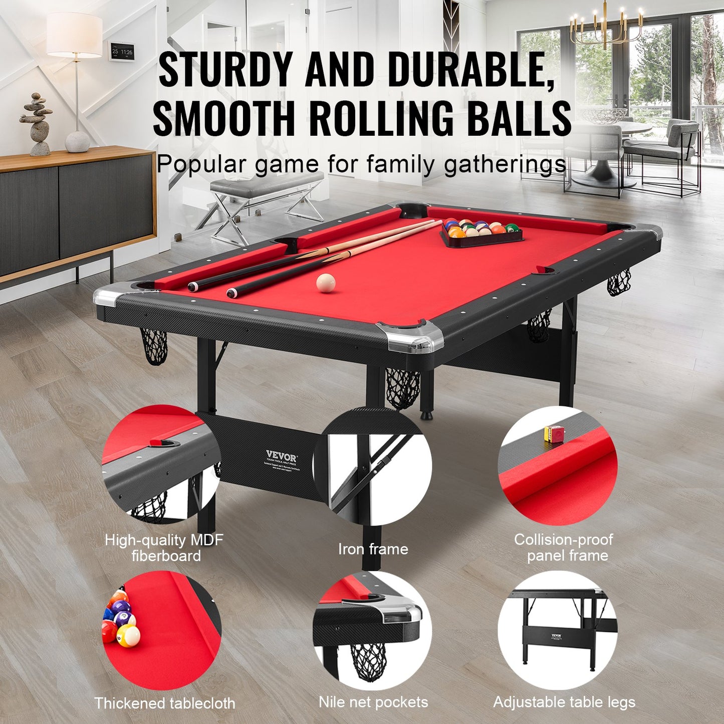 Billiards Table, 192 Cm Pool Table, Portable Foldable Space-Saving Table, Billiard Table Set Includes Balls, Cues, Chalks And Brush, Black With Red Cloth, Perfect For Family Game Room Kid Adult - Teglex
